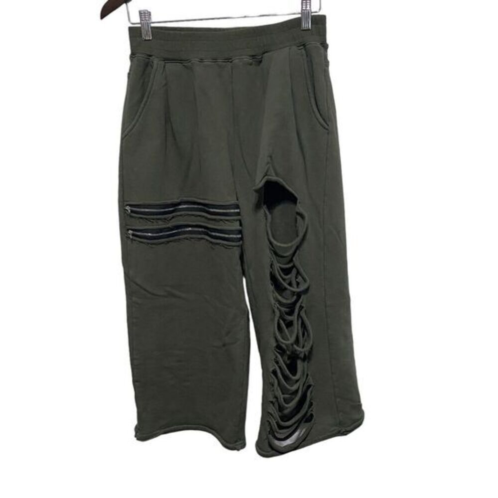 Tov Los Angeles Pants Womens 10 12 L Green Zippy‎ Cut Out Crop Wide Leg Grunge